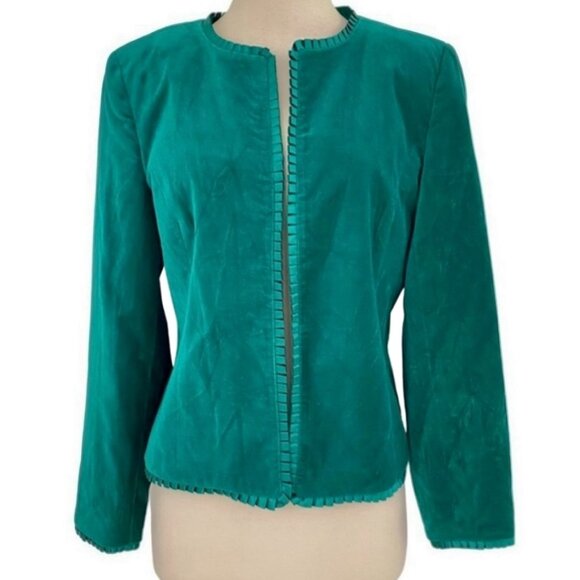 Vintage Velvet & Satin Green Holiday Glam Cardigan Blazer Ruffled Trim Large - Picture 8 of 8